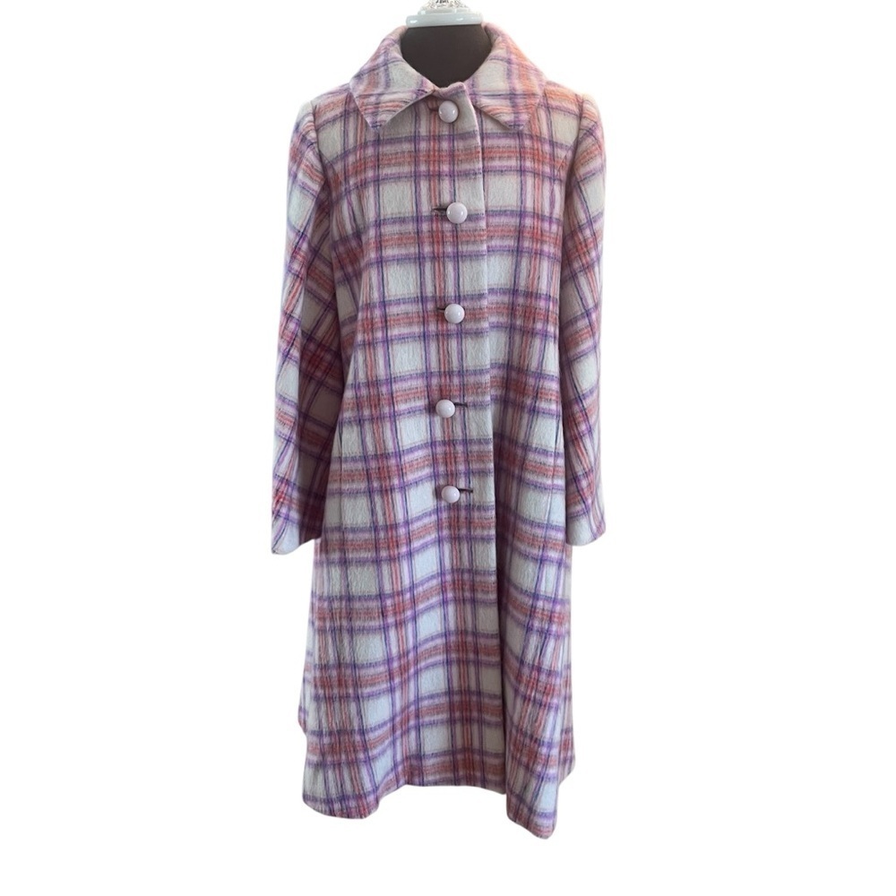 Vintage 1950s Louis Goldstein Plaid Pink Women's Wool Dress Coat Medium - Picture 1 of 16